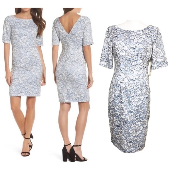 NWT Eliza J | Light Blue Floral Lace Sheath Dress with Low V Back Size 6 - Picture 1 of 12